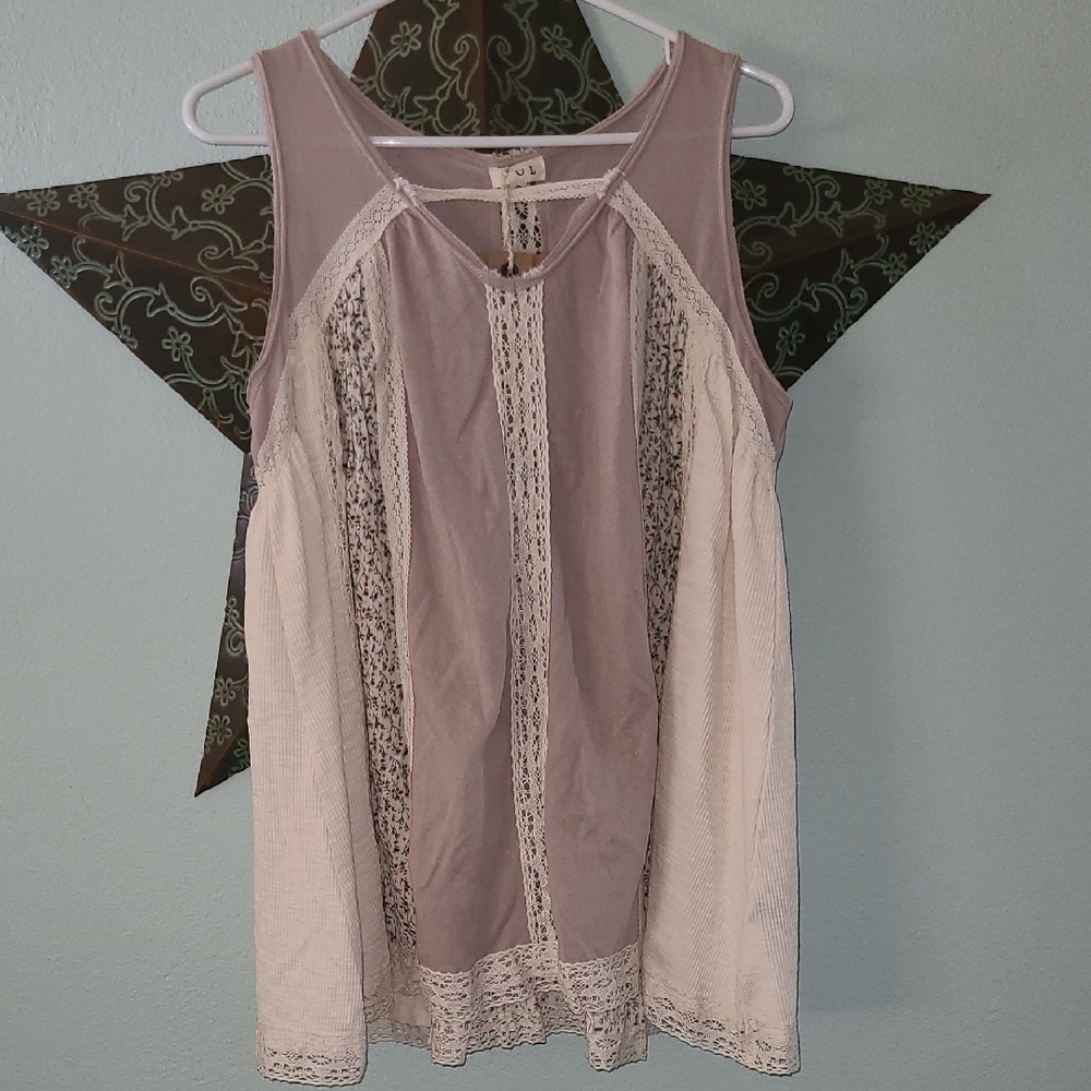 POL Tan and Cream Lace Tank Top